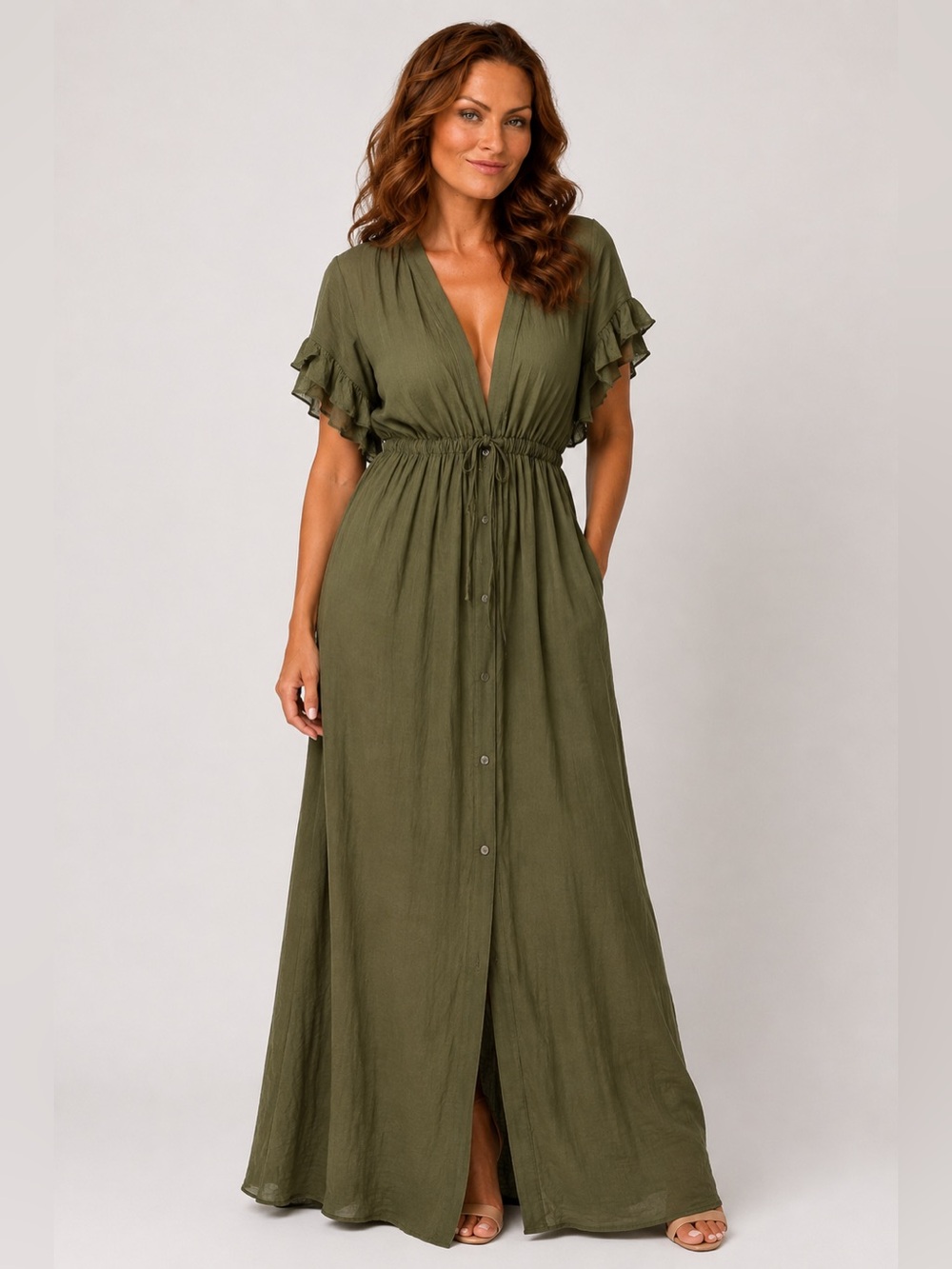 Charlie Charlie Charlotte Olive Green Boho Button Front Maxi Dress Medium NWT
